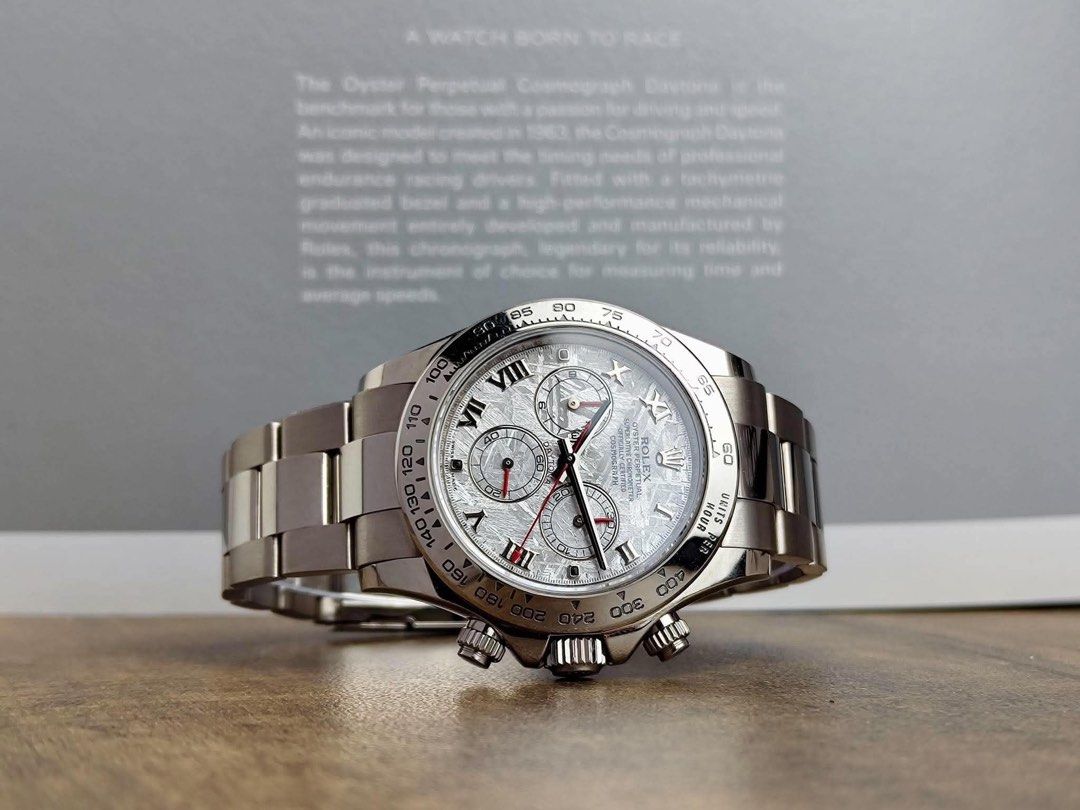 Daytona Meteorite WG (Category: Men's Watches) located in Makati City. Submitted by swissperpetual (Listing ID 1465013836, Image 3). Description: Rolex Daytona Meteorite White Gold Short Clasp 40mm 116509 2011 Complete Set Condition: 9/10 (Excellent condition) Price: P2,988,000 Negotiable 🤝 7 Day Moneyback Guarantee 🧑‍🔧 1 Year SP Service Warranty 💱 Trades Offers and Pre-orders Accepted 💳 Credit Card Options Available 🪙 Layaway Options Avail