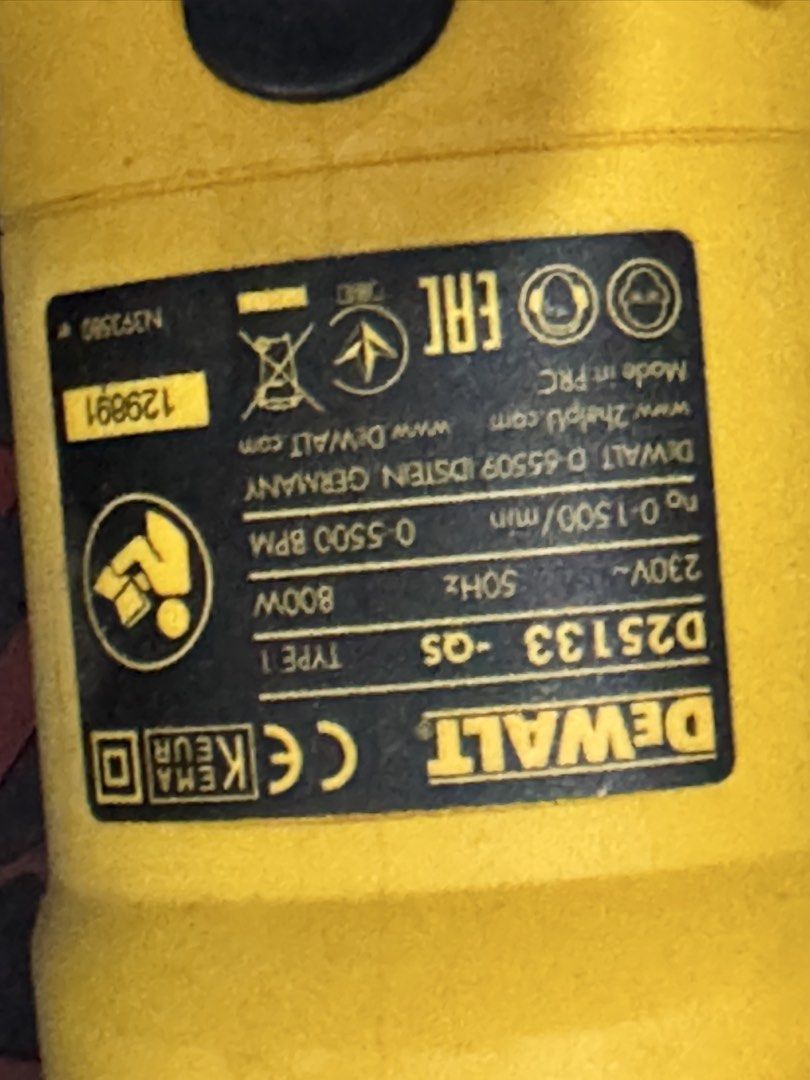 Dewalt D25133-QS SDS-Plus Rotary Hammer Drill (Category: Construction Tools & Equipment) located in Cavite. Submitted by marcuz1316 (Listing ID 1465158667, Image 3). Description: - Brand: Dewalt (Model: D25133-QS) - Power: 800W, 230V corded - Performance: Up to 1500 RPM and 5500 BPM impact rate - Inclusions: Side handle attachment included - Condition: Heavy-duty and reliable power tool for tough drilling tasks.