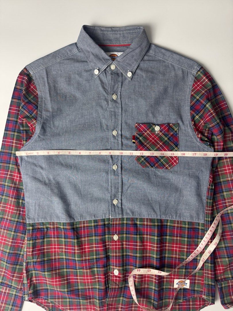 Dickies Chambray Red Plaid Patchwork Button Down Shirt (Category: Tshirts & Polo Shirts ) located in Cavite. Submitted by dracokidstuff (Listing ID 1465086127, Image 2). Description: - Brand: Dickies - Style: Patchwork button-down shirt - Design: Blue chambray chest with contrasting red and green plaid sleeves and bottom hem - Features: Chest pocket with matching plaid, button cuffs, and button-down collar - Branding: Small Dickies woven label ne