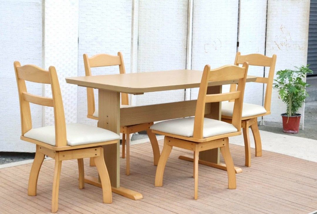 Dining Set (Category: Tables & Sets) located in Meycauayan. Submitted by marygracecasimiro (Listing ID 1465040896, Image 2). Description: JAPAN SURPLUS FURNITURE "NITORI" 4 SEATERS DINING SET WITH SWIVEL CHAIRS Size 47.20L x 29.5W x 27.75H"(TABLE) 18L x 17W x 16.5SH x 33H"(CHAIRS) (AS-IS ITEM) *Minimal Scratch Only IN GOOD CONDITION💚🧡.