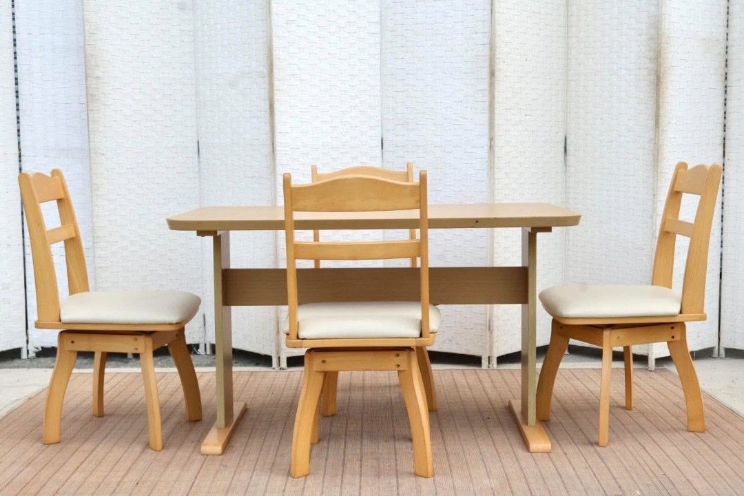 Dining Set (Category: Tables & Sets) located in Meycauayan. Submitted by marygracecasimiro (Listing ID 1465040896, Image 1). Description: JAPAN SURPLUS FURNITURE "NITORI" 4 SEATERS DINING SET WITH SWIVEL CHAIRS Size 47.20L x 29.5W x 27.75H"(TABLE) 18L x 17W x 16.5SH x 33H"(CHAIRS) (AS-IS ITEM) *Minimal Scratch Only IN GOOD CONDITION💚🧡.