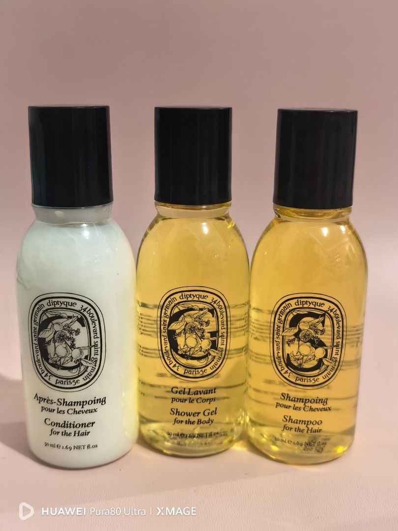 Diptyque Shower Gel, Shampoo, Conditioner set (Category: Bath) located in Makati City. Submitted by craftymondayfrags (Listing ID 1465101502, Image 1). Description: Diptyque Shampoo 50ml Conditioner 50ml Shower gel 50ml.