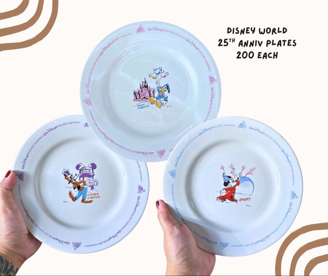 Disney World 25th Anniversary Plates (Category: Character Goods) located in Pasig City. Submitted by homeyvibesph (Listing ID 1465014781, Image 1). Description: 200 each With box Mickey Mouse Donald Duck Goofey.