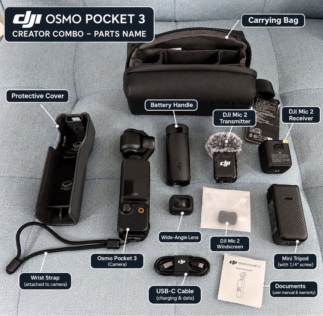 DJI Osmo Pocket 3 Creator Combo (Category: Cameras) located in Manila. Submitted by kevbondad20 (Listing ID 1465116417, Image 1). Description: DJI OSMO POCKET 3 (CREATOR SET) FOR SALE ₱22k (NO ISSUE, 10/10 CONDITION) Bought: Feb 2026 ( DJI SM NORTH EDSA) Amount: ₱30,290 Other accessories: Sandisk (128gb SDcard)- ₱2,400 Screen Protector- FREE TOTAL VALUE: 32,690 REASON OF SELLING: Hindi na nagagamit kasi may new phone na ginagamit for vlogging..