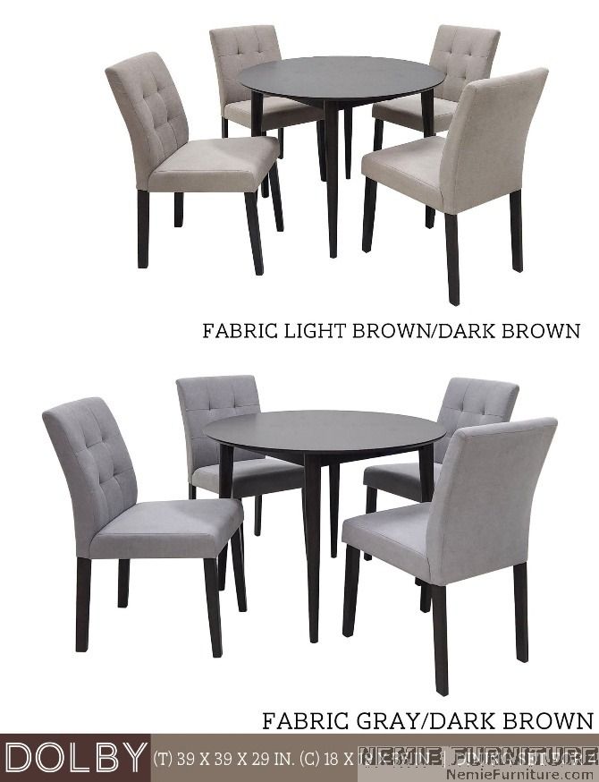 DOLBY Dining table with 4 chairs (Category: Tables & Sets) located in Quezon City. Submitted by nemiefurniture (Listing ID 1464998996, Image 1). Description: - Brand/Model: DOLBY Dining Set - Table Size: 39" x 39" x 29" (Round, dark brown finish) - Chairs: Set of 4 with elegant tufted backrests and dark brown wooden legs - Color Options: Fabric light brown or fabric gray - Ideal For: Apartments, condo dining areas, and breakfast nooks - Features: