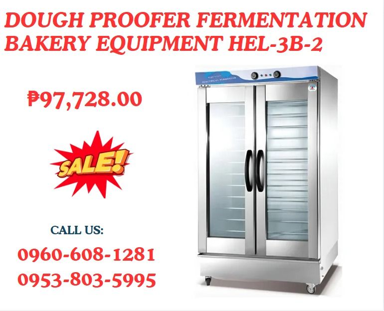 Dough Proofer Fermentation Bakery Equipment HEL-3B-2 (Category: Home Improvement Tools & Accessories) located in Caloocan City. Submitted by 09263834248 (Listing ID 1464990509, Image 1). Description: ●dimension:1100x760x1830 ●packing size (mm): 1200x870x1930 ●net weight: 75 ●gross weight (kgs): 100 ●volume(cbm): 2.015 ●Power: 2.5+2.5kW, 220V/50Hz .