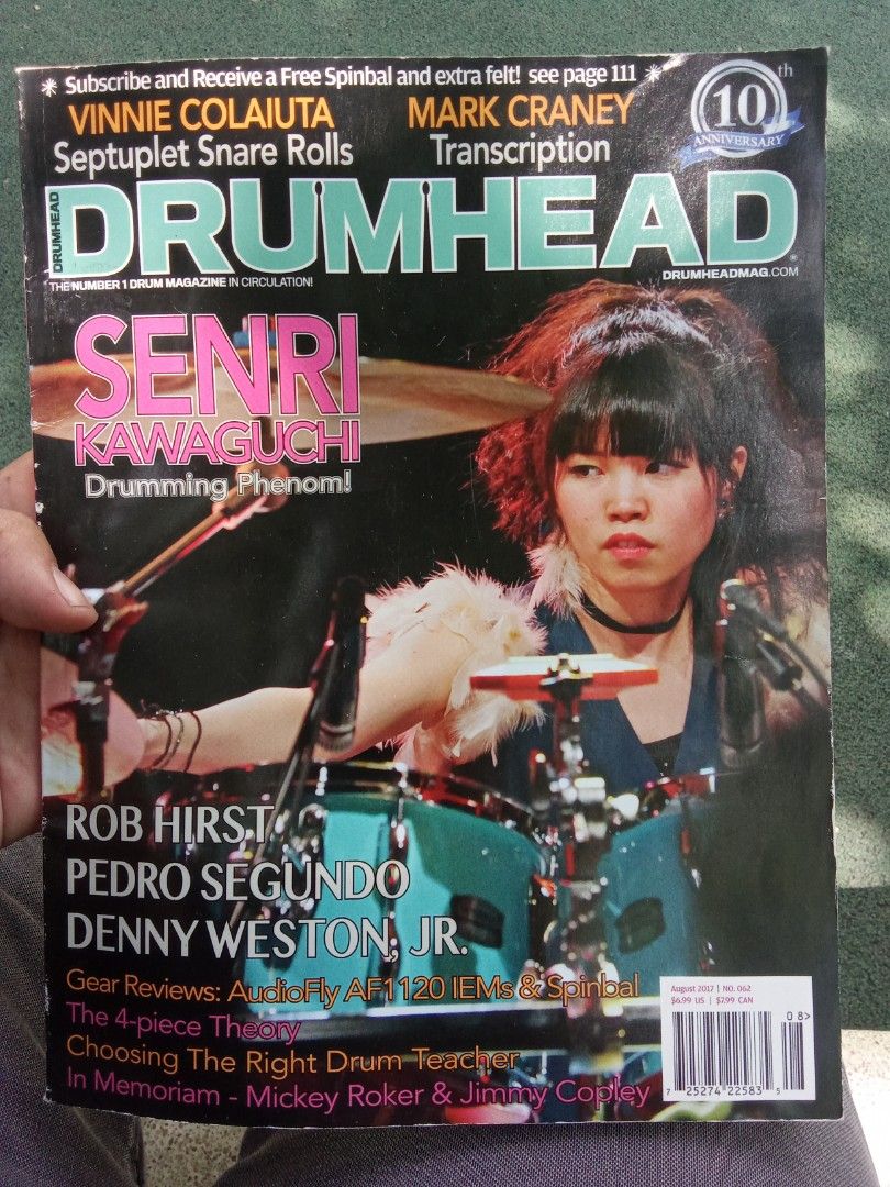Drumhead Magazine August 2017 Senri Kawaguchi (Category: Magazines) located in Pasig City. Submitted by teebeedeee (Listing ID 1465145693, Image 1). Description: - Issue: Drumhead Magazine #62 (August 2017) - Cover Feature: Japanese drumming prodigy Senri Kawaguchi - Contents: Features on Vinnie Colaiuta, Mark Craney, and latest gear reviews - Condition: Interior pages and back cover intact - Perfect for: Drum enthusiasts and music collectors - L