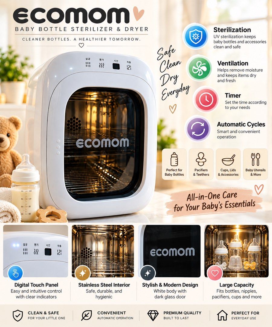 Ecomom UV Sterilizer and Dryer (Category: Breastfeeding & Bottle Feeding) located in Makati City. Submitted by dee_online888 (Listing ID 1465029340, Image 1). Description: - Brand: Ecomom - Color: White with dark glass door - Condition: Clean and fully working (powers on properly) - Interior: Stainless steel racks - Controls: Digital touch panel on top - Features: Sterilization, ventilation, timer, and automatic cycles - Perfect for baby bottles 