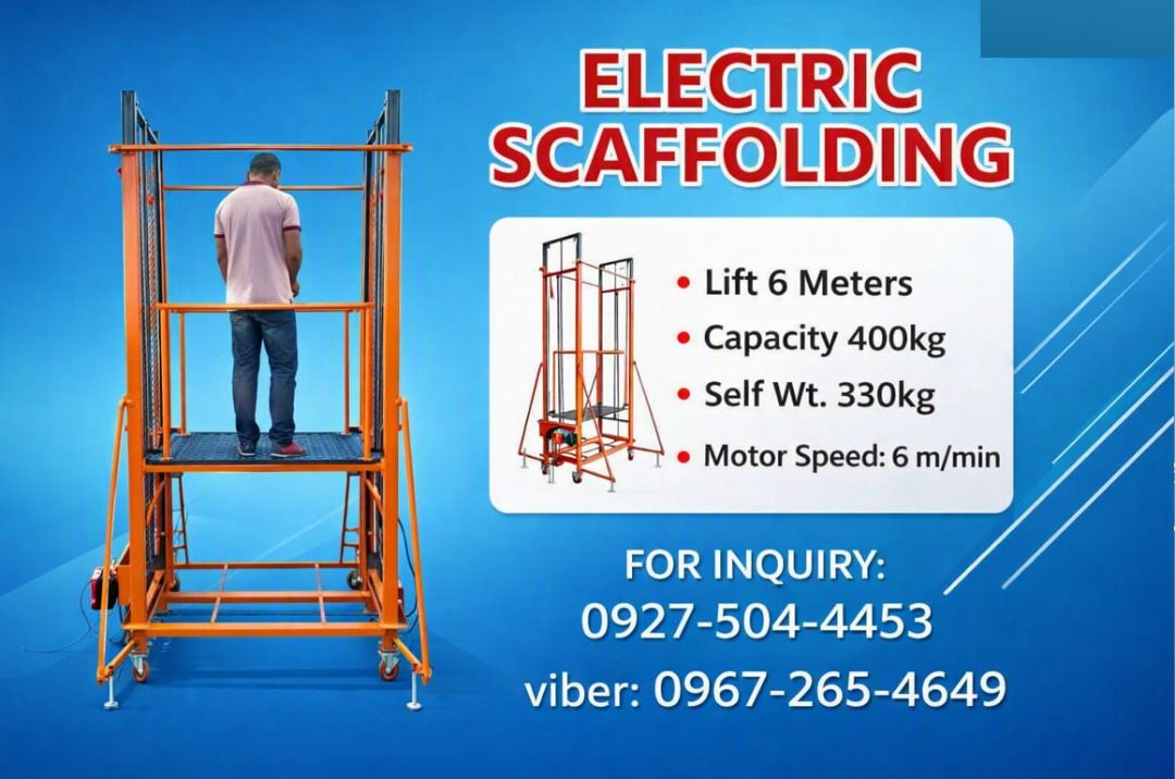 ELECTRIC LIFTING SCAFFOLDING PLATFORM (Category: Looking For) located in Manila. Submitted by dforte2026 (Listing ID 1465007084, Image 1). Description: Experience effortless elevation with our Electric Scaffolding — built for safety, strength, and efficiency. This motorized lift reaches up to 8 meters, making it ideal for construction, maintenance, and installation projects. Compact yet powerful, it’s designed for professionals who value reliabil