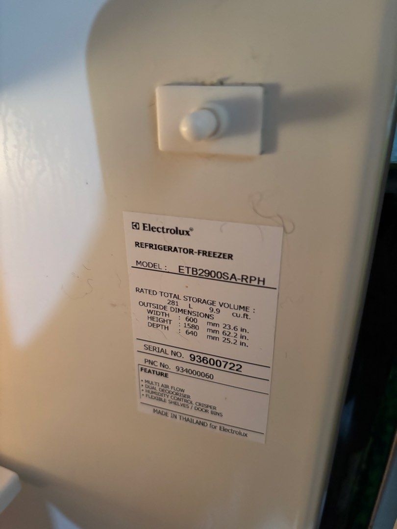 Electrolux ETB2900SA-RPH Refrigerator Freezer (Category: Refrigerators and Freezers) located in Pasig City. Submitted by rhey_anne (Listing ID 1465117075, Image 2). Description: - Brand: Electrolux - Model: ETB2900SA-RPH (Made in Thailand) - Type: Double Door Refrigerator - Total Storage Volume: 281 Liters / 9.9 Cubic Feet - Finish: Sleek Stainless Steel Exterior - Dimensions: 600mm (W) x 1580mm (H) x 640mm (D) - Condition: Working unit, previous