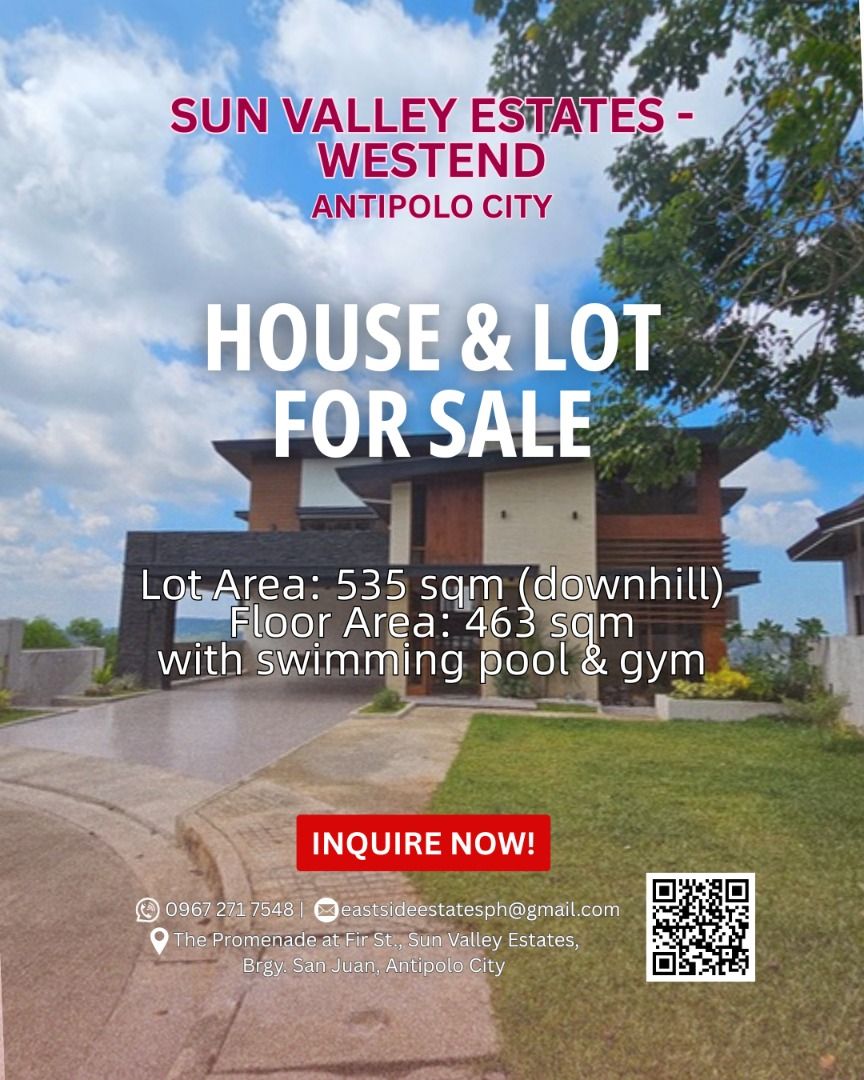 Elwood House & Lot (Category: House & Lot) located in Antipolo. Submitted by eastside_estatesph (Listing ID 1464983132, Image 1). Description: Sun Valley Estates Elwood House & Lot Lot Area 535 sqm (downhill) Floor Area 463 sqm With Swimming Pool & Gym Foyer & Receiving Area Powder Room Kitchen & Dining Room Maid’s room with Toilet & Bath Master’s Bedroom with walk-in closet, bathtub Bedroom 1 & 2 with built in closet and Toilet & Bath Guest Room