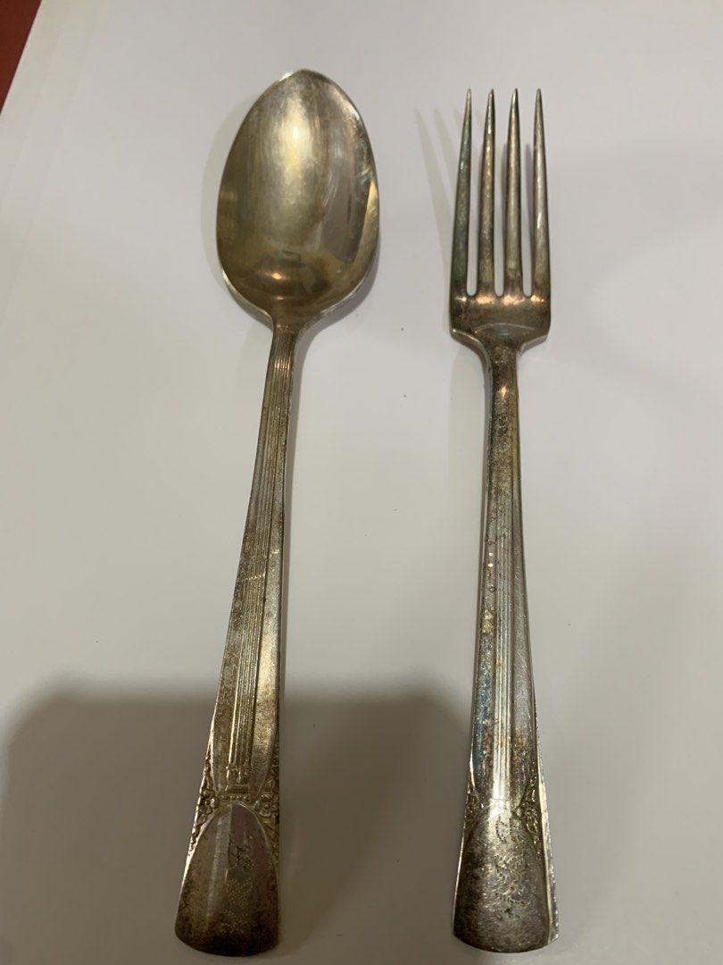 Embassy Silver Plate Spoon and Fork Set (Category: Dinnerware & Cutlery) located in Antipolo. Submitted by cebb888 (Listing ID 1464971940, Image 1). Description: - Brand: Embassy Silver Plate - vintage silver plate since 1930’s & up - Design: Traditional fluted pattern on stems with stamped back handles - Material/Condition: Silver plated metal with natural patina and tarnish from age; needs polishing to restore shine - Features: Solid weight and