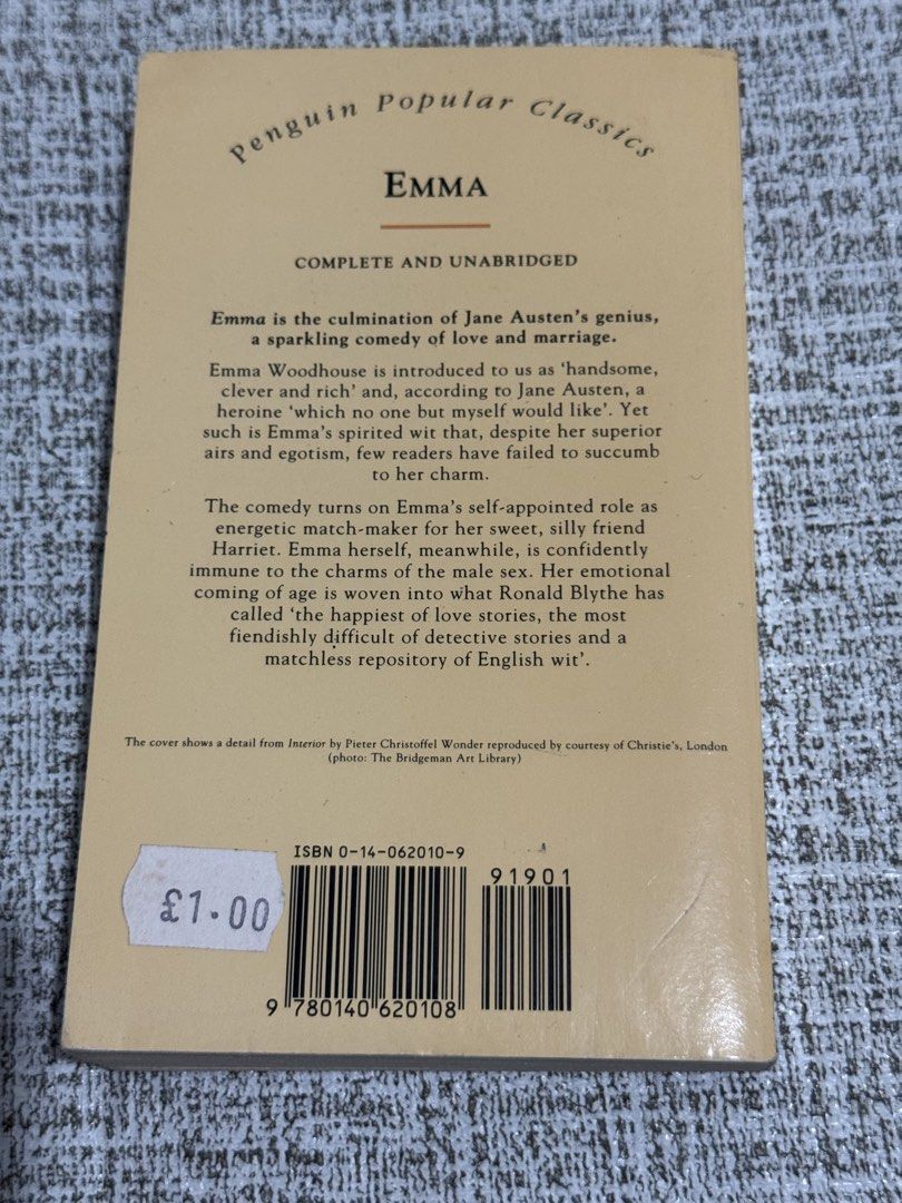 Emma by Jane Austen Penguin Popular Classics Paperback (Category: Storybooks) located in Cavite. Submitted by yourpahinagirly (Listing ID 1464985052, Image 3). Description: - Title & Author: Emma by Jane Austen - Edition: Complete and unabridged, Penguin Popular Classics - Format: Paperback with vintage cover art - Condition: Pages have a yellowish aging tint; minor shelf wear at bottom edge and corners - ISBN: 0-14-062010-9.