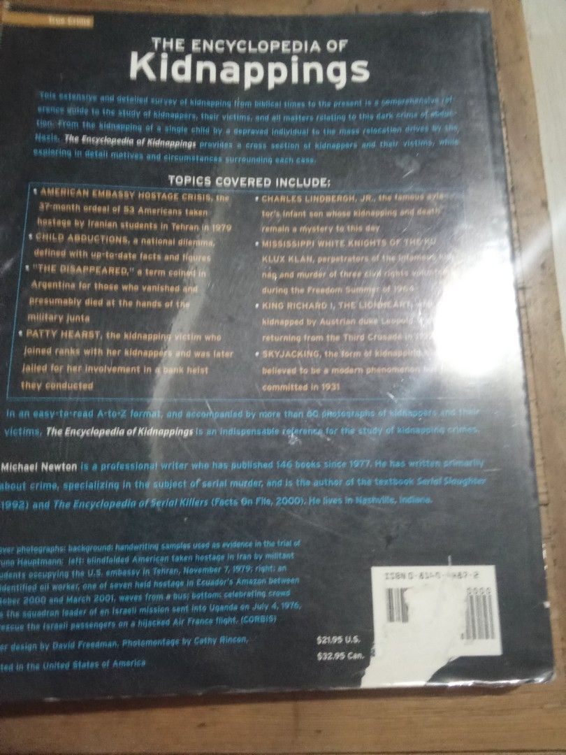 Encyclopedia of kidnappings book (Category: Storybooks) located in Pasig City. Submitted by teebeedeee (Listing ID 1464979985, Image 2). Description: preowned softcover copy complete pages plastic covered.no visible penmarks.visinel sticker mark sa back cover .big heavy book for meetups in pasig rotonda or jnt shipping or lalamove grab payment via gcash or lalamove grab or unionbank .