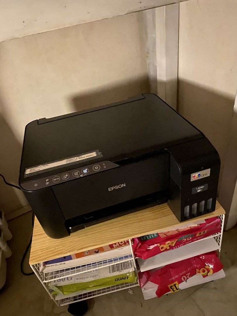 Epson EcoTank L3250 A4 Wi-Fi All-in-One Printer (Category: Printers, Scanners & Copiers) located in Valenzuela. Submitted by lunaortega09 (Listing ID 1465093493, Image 1). Description: Just used for about a year as a student and for journaling RFS: Need funds ASAP - Model: Epson EcoTank All-in-One Printer - Functions: Print, scan, and copy - Features: Built-in ink tanks for low-cost printing and wireless connectivity - Compatibility: Easily print