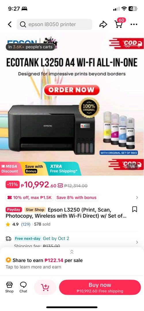 Epson EcoTank L3250 A4 Wi-Fi All-in-One Printer (Category: Printers, Scanners & Copiers) located in Valenzuela. Submitted by lunaortega09 (Listing ID 1465093493, Image 2). Description: Just used for about a year as a student and for journaling RFS: Need funds ASAP - Model: Epson EcoTank All-in-One Printer - Functions: Print, scan, and copy - Features: Built-in ink tanks for low-cost printing and wireless connectivity - Compatibility: Easily print
