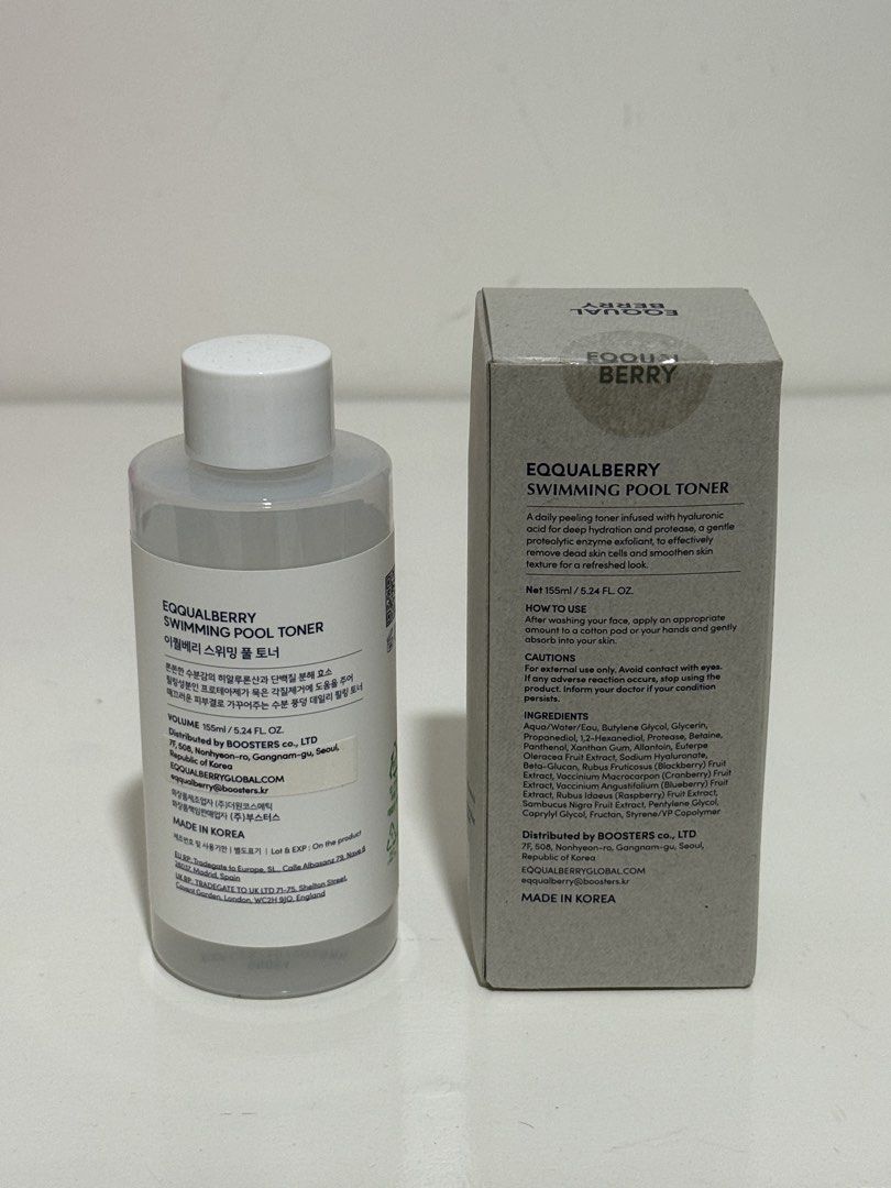 Eqqualberry Swimming Pool Toner 155ml (Category: Face Care) located in Santiago. Submitted by peejayyyy (Listing ID 1465043516, Image 2). Description: - Product: Eqqualberry Swimming Pool Toner - Size: 155ml (comes with original outer box) - Condition: Brand new, unopened, and unused - Key Ingredients: Hyaluronic acid, protease, and panthenol (moisture exfoliating formula) - Batch Number: GN084 - Expiration Date: October 28, 2028 - Reason for sel