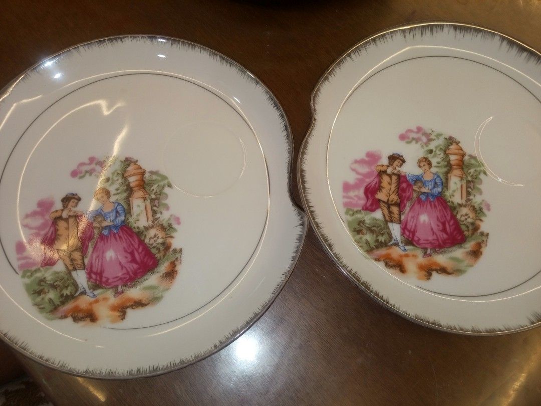 EVER FINE CHINA - JAPAN 1950s Plate (Category: Looking For) located in Manila. Submitted by gabfalcon (Listing ID 1465041626, Image 1). Description: - Brand/Origin: Ever Fine China, made in Japan with backstamp - Set of 2 vintage snack plates with built-in cup/treat indentations - Design: Colorful 15th-century couple scene in the center - Details: Scalloped edges accented with silver metallic trim - Ideal for tea party collections and collectors 