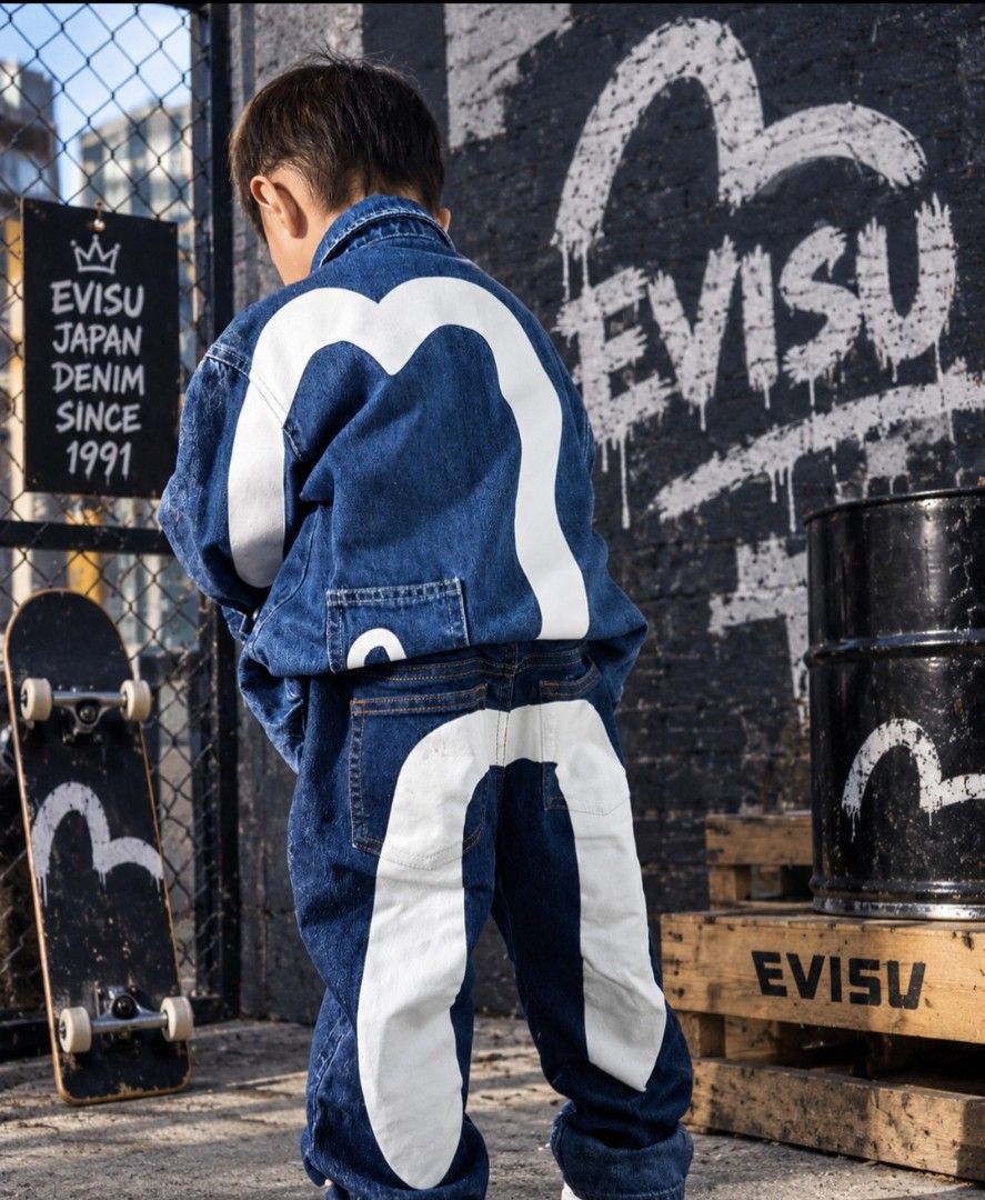 Evisu Kids Denim Jacket and Jeans Set (Category: Babies & Kids Fashion) located in Baguio. Submitted by realmavy08 (Listing ID 1465084341, Image 1). Description: Evisu off jacket size 100 pants size 120 (waistband finold kolang) dirt/stain sa logo best fit sa 2-3yrs old ww ng 3t petite .
