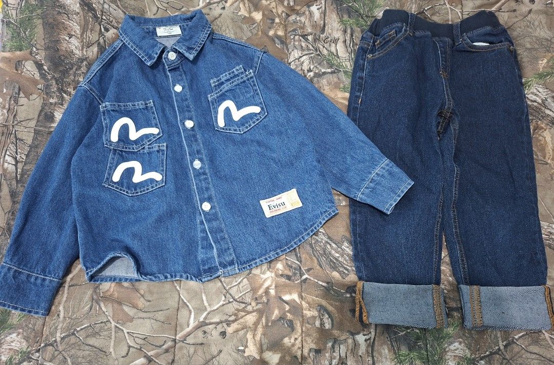 Evisu Kids Denim Jacket and Jeans Set (Category: Babies & Kids Fashion) located in Baguio. Submitted by realmavy08 (Listing ID 1465084341, Image 3). Description: Evisu off jacket size 100 pants size 120 (waistband finold kolang) dirt/stain sa logo best fit sa 2-3yrs old ww ng 3t petite .