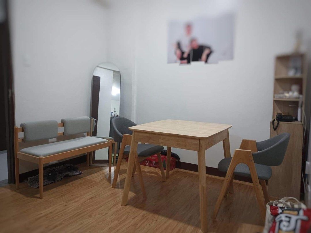 Extendable Wooden Dining Table with Chairs and Bench (Category: Tables & Sets) located in Valenzuela. Submitted by evangelist80903 (Listing ID 1465021132, Image 3). Description: For sale: Extendable Wooden Dining Table with Chairs and Bench set Selling price: 14,000 as set - Material: Premium Thailand rubber wood with natural finish - Dimensions: 90 cm (extends to 120 cm) x 80 cm x 75 cm - Seating: Includes grey upholstered chairs and bench - Spa