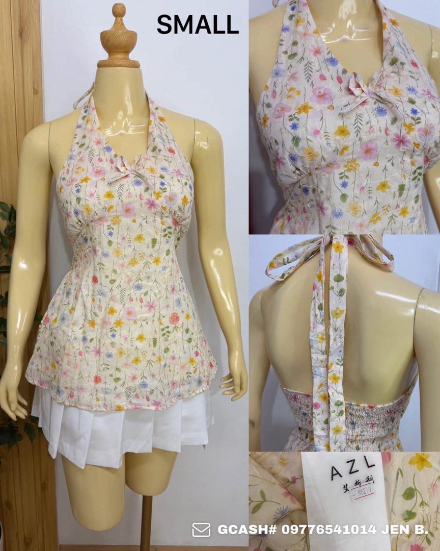 Floral Halter Neck Top Small (Category: Sleeveless) located in Tagum. Submitted by bernardino49694 (Listing ID 1465009335, Image 1). Description: - Size: Small - Style: Cottagecore floral halter top - Color: Cream background with multicolored pink, yellow, and blue flowers - Fit: Comfy smocked elastic band at the back - Details: Tied halter neck strap with a cute front bow.