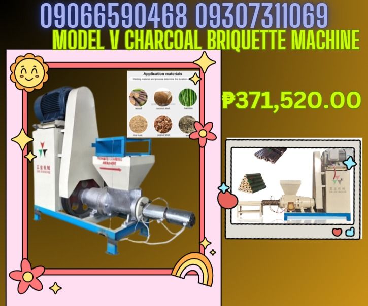 For Sale Model V charcoal briquette machine (Category: Looking For) located in Caloocan City. Submitted by cosmiccloud.e1f68b (Listing ID 1464977593, Image 1). Description: Model V Power 18.5kw Capacity 200-280kg/h Dimension 1.67*0.68*1.55m Diameter of briquette 50mm price ₱371,520 ✅ Quality products ✅ Big discount for bulk orders ✅ 100% LEGIT TRUSTED SUPPLIER! ✅ With Complete Legal Documents ✅ BIR Registered ☎️ For Inquiries Please Globe : 09066