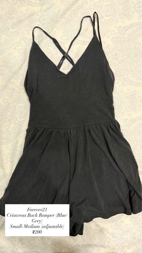 Forever21 Crisscross Back Romper Blue Grey (Category: Rompers) located in Davao. Submitted by tswizzleeess (Listing ID 1465156565, Image 1). Description: Forever21 Dark blue or grey Romper V-neckline with adjustable crisscross back straps Fits Small to Medium Message me for detailed photos if you want! ☺️ RFS: Decluttering 📍Davao City 💳 GCash, Bank Transfer (BDO) 📦 LBC, J&T SF shouldered by the buyer 😊.