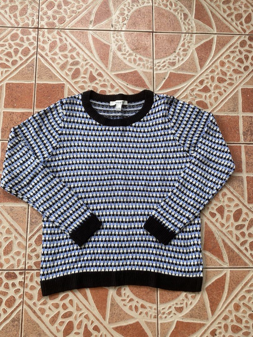 Forever 21 knitted sweater (Category: Coats, Jackets and Outerwear) located in Cebu City. Submitted by griftandgrind (Listing ID 1465049546, Image 1). Description: Forever21 knitted sweater Excellent condition no issue Color rate: 9.5/10 Size L on tag (20W 24L) Details already posted 385 ship .