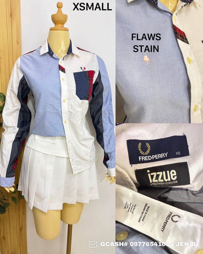 Fred Perry x Izzue Patchwork Button-Up Shirt XS (Category: Tshirts & Polo Shirts ) located in Tagum. Submitted by bernardino49694 (Listing ID 1465008401, Image 1). Description: - Brand: Fred Perry x Izzue - Size: XS - Design: Rare multi-panel patchwork mixing blue oxford cotton, white fabric, plaid trims, and a polka dot pocket - Details: Long sleeves with dark paneling - Condition: Good overall, with a small faint stain on the right chest area (