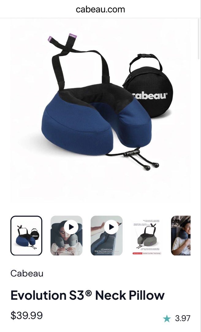 FROM ₱2,400! Cabeau Evolution S3® Neck Pillow ^ (Category: Braces, Support & Protection) located in Las Pinas. Submitted by yourneighbortotoro (Listing ID 1465044243, Image 2). Description: Cabeau Evolution S3 Memory Foam Travel Pillow ✈️ High-performance, ergonomic travel pillow featuring Cabeau’s patented seat-strap system designed to keep your head from falling forward or sideways while sleeping on flights. 🔹 Brand: Cabeau 🔹 Product Name: Ev