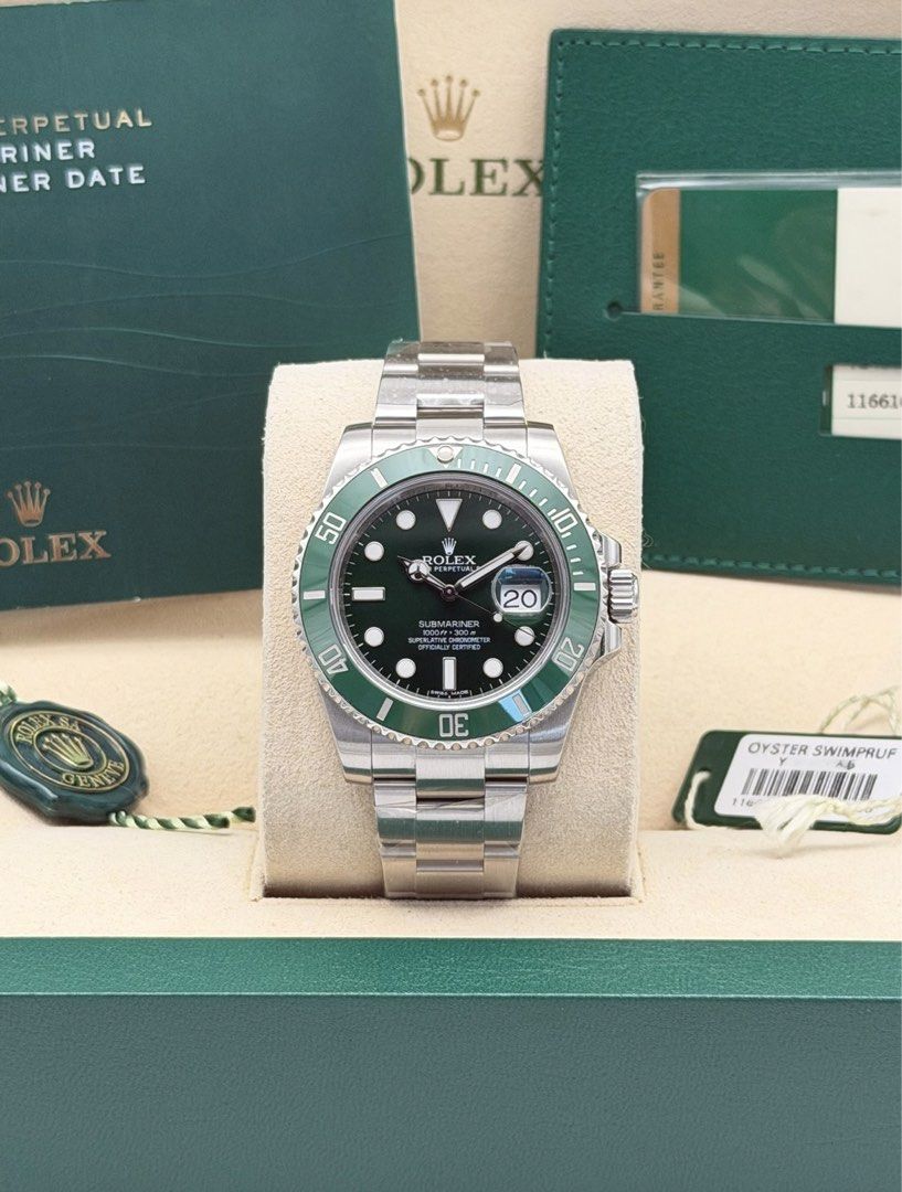 Fullset Rolex Submariner Date Hulk 40mm (Category: Luxury Watches) located in Manila. Submitted by timelesseleganceph (Listing ID 1465038693, Image 1). Description: Fullset Rolex Submariner Date Hulk 40mm 2014 Reference 116610LV Size 40mm Dated 2014 Complete/Fullset - Box, Warranty Card, Card Holder, Booklet, Green Tag.