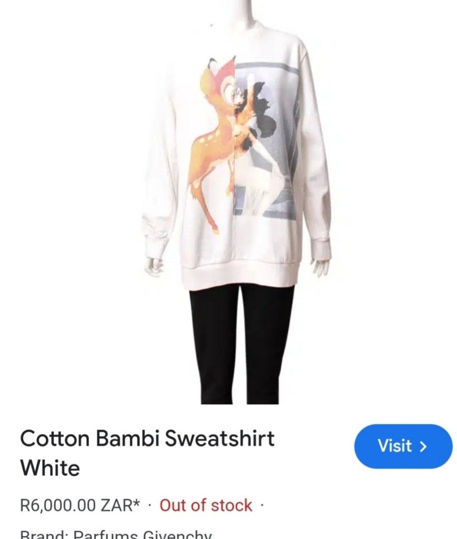 Givenchy Bambi graphic print white sweatshirt (Category: Others Tops) located in Manila. Submitted by PrinceDani.Clothing (Listing ID 1465058510, Image 3). Description: givenchy white bambi sweatshirt large 20.5in width 25.5in length issue: minimal light blue stain excellent thanks .