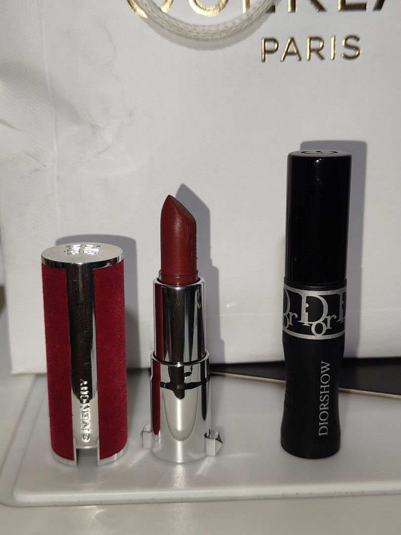 Givenchy Velvet Lipstick & Dior Diorshow Mascara Bundle (Category: Makeup) located in Mandaluyong City. Submitted by xylebaloyo (Listing ID 1465132407, Image 1). Description: travel size mini size - Brand: Givenchy & Dior (Authentic High-End Luxury) - Items: Givenchy Red Velvet Lipstick & Dior Diorshow Mascara - Shade/Details: Deep red lipstick in a collectible red velvet/silver case; black mascara with silver branding - Condition: Lightly swatch