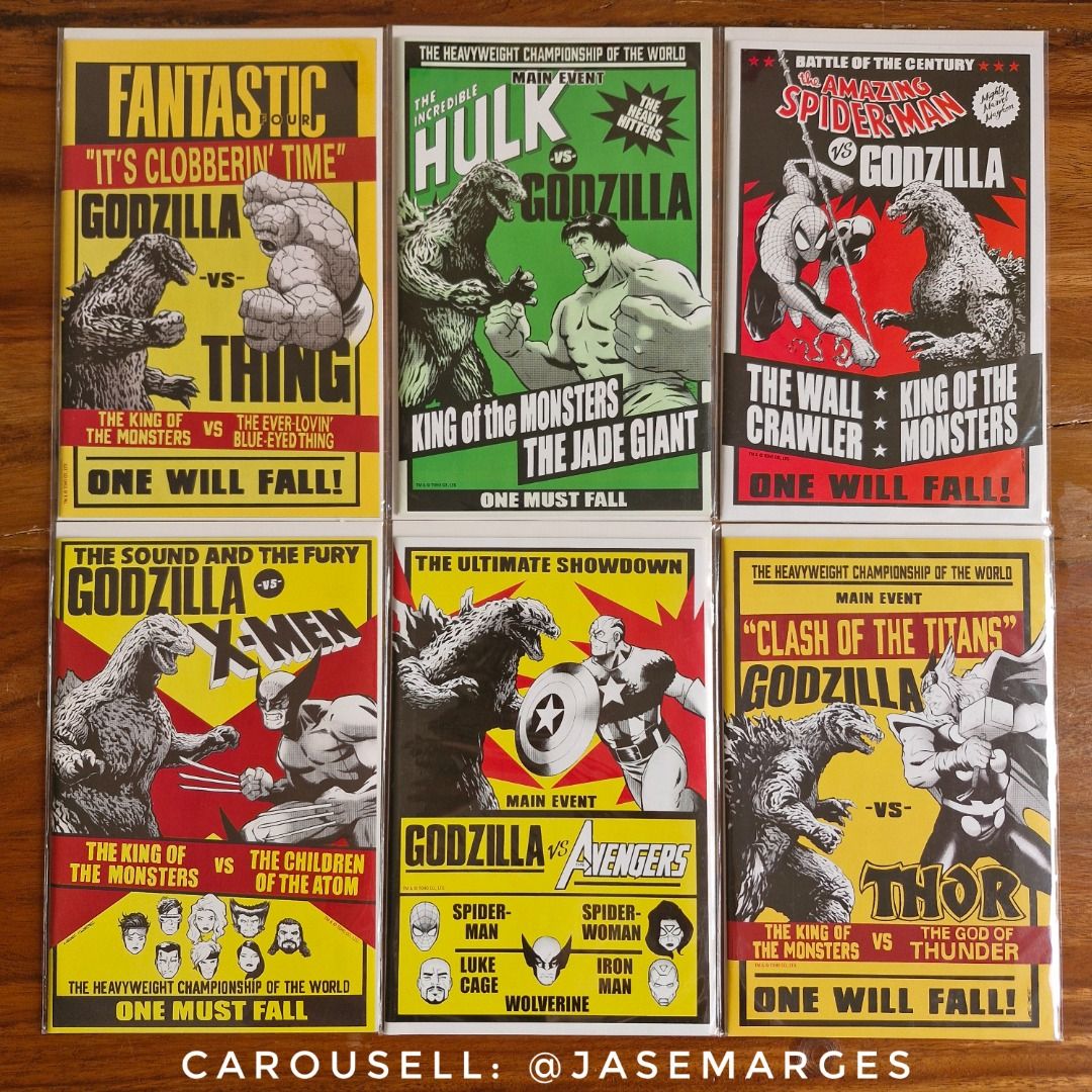 Godzilla vs Marvel One-shots (Complete Set) (Category: Art & Prints) located in Binan City. Submitted by jasemarges (Listing ID 1465026411, Image 1). Description: Godzilla vs Marvel One-shots Lee Garbett variant covers Complete limited run Php 2,500 Add Php 500 for protective toploaders (whole set) Featuring: * Godzilla vs Fantastic Four * Godzilla vs Hulk * Godzilla vs Spider-Man * Godzilla vs X-Men * Godzilla vs Avengers * Godzilla vs Thor Sold