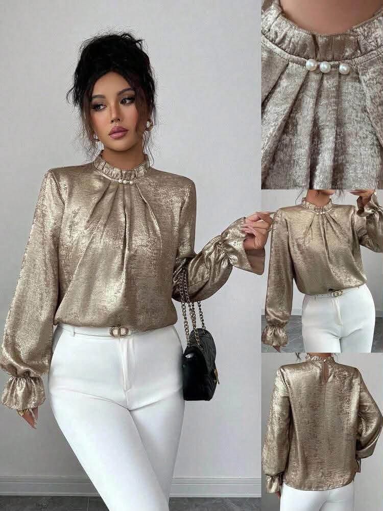 Gold top (Category: Longsleeves) located in Manila. Submitted by iamfashionistapage (Listing ID 1465085963, Image 1). Description: Small, medium,xl available. Brand new with pouch.
