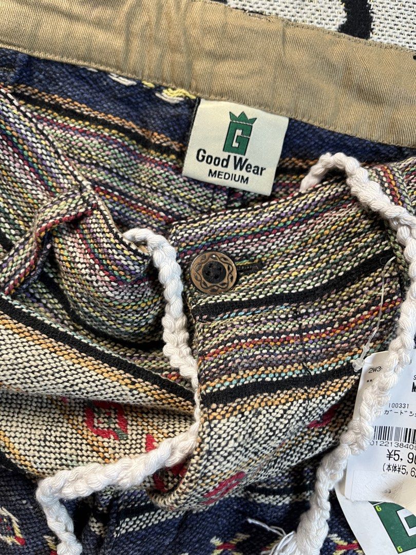 Good Wear Aztec Pattern Woven Shorts Medium (Category: Shorts) located in Silang. Submitted by yusthrift (Listing ID 1464997314, Image 3). Description: - Brand: Good Wear - Condition: Brand new with original store tags attached - Size: Medium (Waist: 84cm) - Design: Eye-catching multicolored Aztec geometric stripe pattern - Waistband: Drawstring with button closure and belt loops - Pockets: Two back pockets with button flaps - Material: Premium b