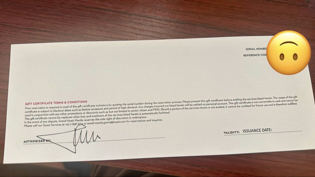 Grand Hyatt Manila Gift Certificate Php 5,000 (Category: Vouchers) located in Caloocan City. Submitted by luckybird_d943c5 (Listing ID 1465170458, Image 2). Description: - Grand Hyatt Manila Gift Certificate (Php 5,000 net value) - Valid for rooms, spa, or dining credits - Features official serial number and authorized signature - Advanced reservation required before redemption - Strictly not convertible to cash.