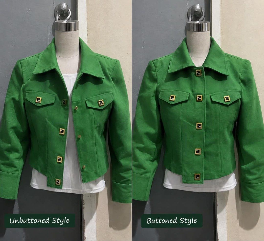 Green Cropped Jacket with Gold Buttons (Category: Coats, Jackets and Outerwear) located in Manila. Submitted by savannah.alessia (Listing ID 1465062543, Image 1). Description: - Brand: - Style: Cropped tailored jacket with structured collar - Color: Vibrant green - Details: FF logo buttons on front and chest pockets, buttoned cuffs - Fit: Sits right at the waist - Condition: Excellent.