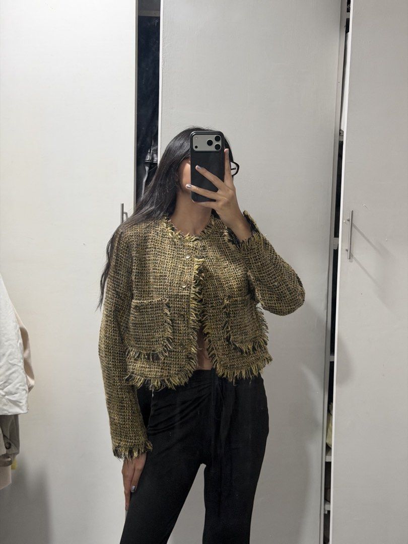 Green tweed fringe cropped jacket outer (Category: Coats, Jackets and Outerwear) located in Pasig City. Submitted by miss_abuelita (Listing ID 1465114835, Image 2). Description: - Color/Material: Textured tweed in a stylish greenish-brown mix - Fit: Cropped cut with chic fringe trim on collar, hem, and pockets - Details: Button-up front closure with two functional front flap pockets - Condition: Worn a few times, flawless with zero damage - Perfe