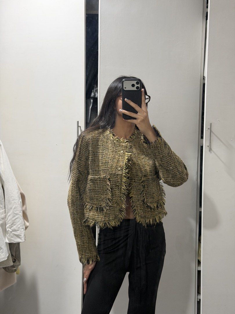 Green tweed fringe cropped jacket outer (Category: Coats, Jackets and Outerwear) located in Pasig City. Submitted by miss_abuelita (Listing ID 1465114835, Image 1). Description: - Color/Material: Textured tweed in a stylish greenish-brown mix - Fit: Cropped cut with chic fringe trim on collar, hem, and pockets - Details: Button-up front closure with two functional front flap pockets - Condition: Worn a few times, flawless with zero damage - Perfe