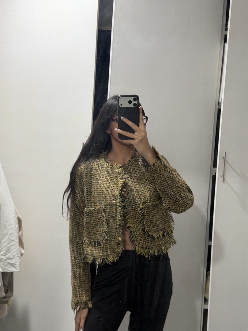 Green tweed fringe cropped jacket outer (Category: Coats, Jackets and Outerwear) located in Pasig City. Submitted by miss_abuelita (Listing ID 1465114835, Image 3). Description: - Color/Material: Textured tweed in a stylish greenish-brown mix - Fit: Cropped cut with chic fringe trim on collar, hem, and pockets - Details: Button-up front closure with two functional front flap pockets - Condition: Worn a few times, flawless with zero damage - Perfe