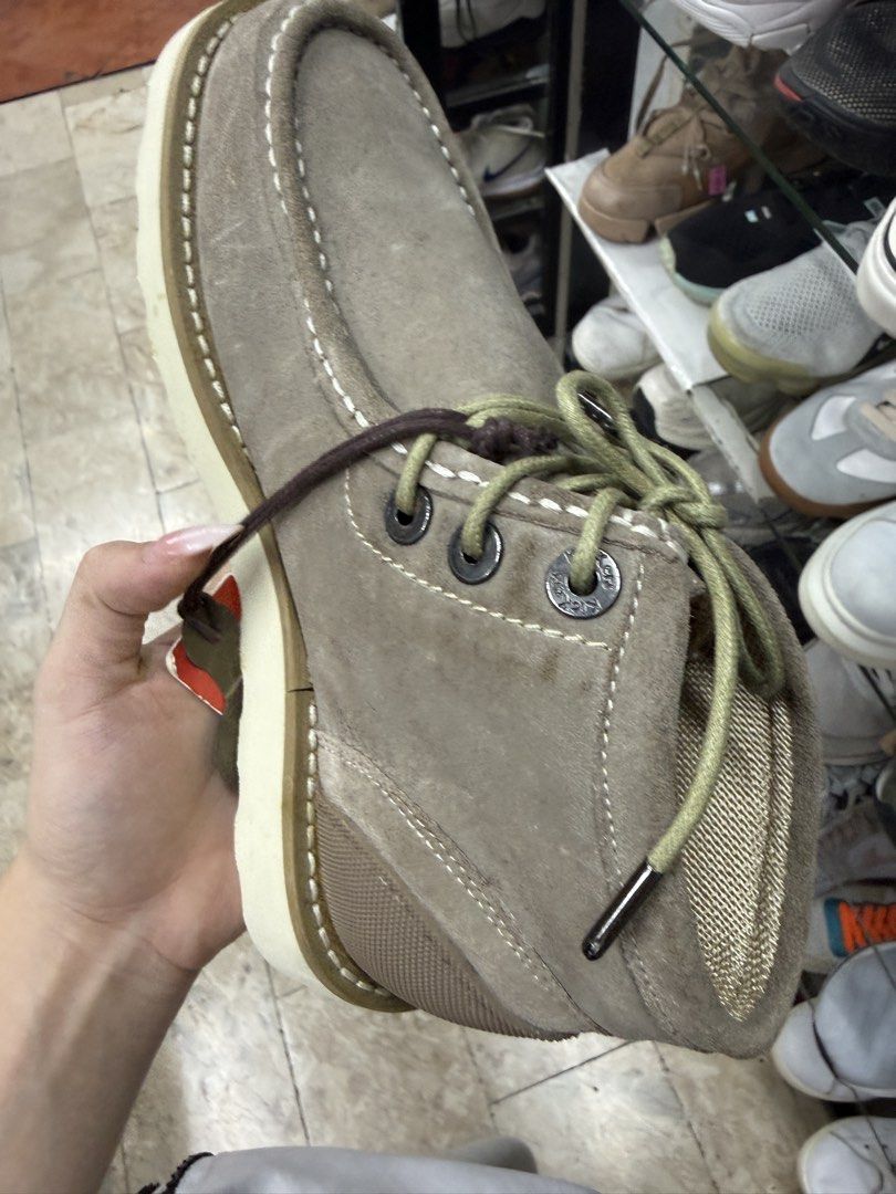 Grey Suede Platform Chukka Boots (Category: Boots) located in Manila. Submitted by fastlion.584bdf (Listing ID 1465071243, Image 2). Description: - Material: Premium grey suede with a sturdy mid-top build - Sole: Chunky white platform sole with a textured heel panel for extra grip - Design: Contrast stitching along the moc toe for a stylish edge - Laces: Olive green laces complete with metal aglets - Condition: Brand new / Excellent quality (read