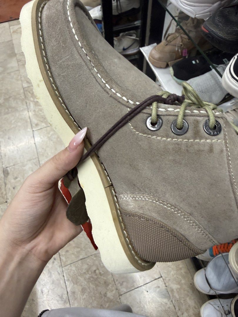 Grey Suede Platform Chukka Boots (Category: Boots) located in Manila. Submitted by fastlion.584bdf (Listing ID 1465071243, Image 3). Description: - Material: Premium grey suede with a sturdy mid-top build - Sole: Chunky white platform sole with a textured heel panel for extra grip - Design: Contrast stitching along the moc toe for a stylish edge - Laces: Olive green laces complete with metal aglets - Condition: Brand new / Excellent quality (read