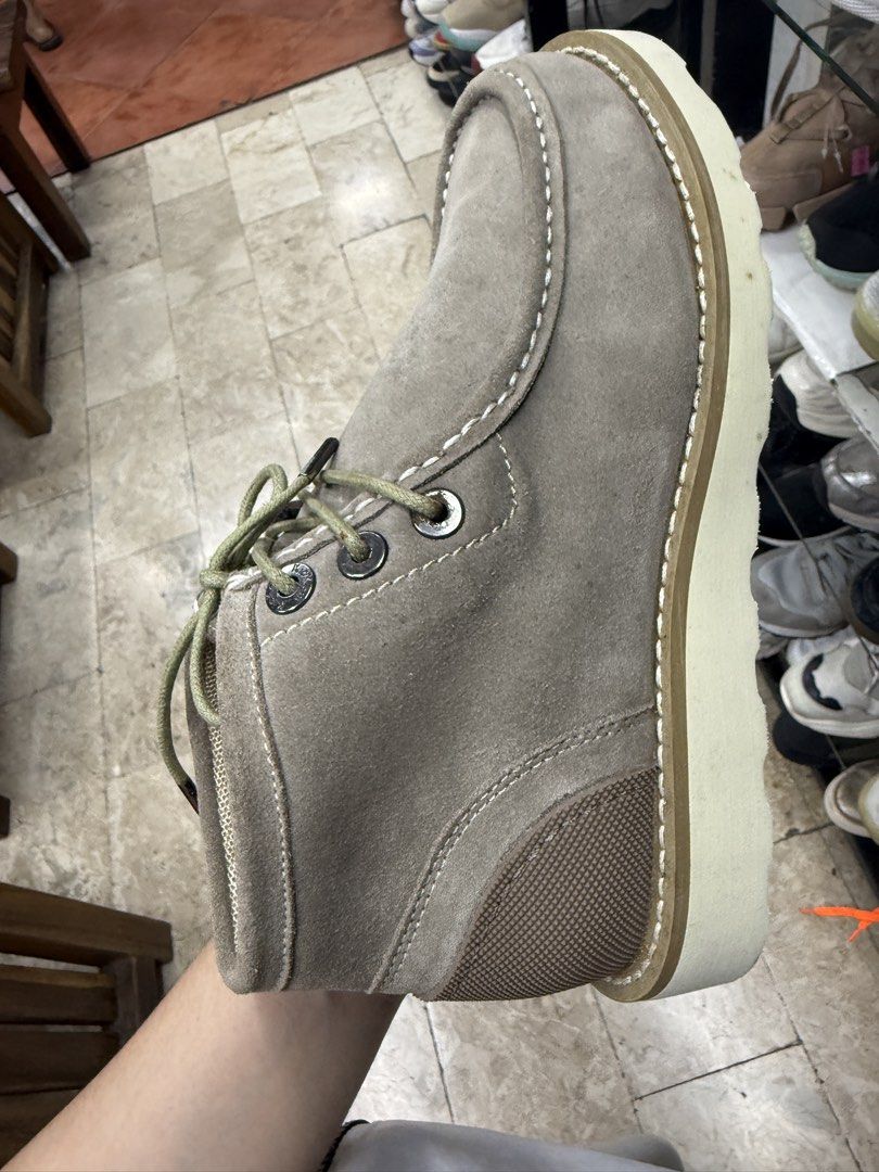 Grey Suede Platform Chukka Boots (Category: Boots) located in Manila. Submitted by fastlion.584bdf (Listing ID 1465071243, Image 1). Description: - Material: Premium grey suede with a sturdy mid-top build - Sole: Chunky white platform sole with a textured heel panel for extra grip - Design: Contrast stitching along the moc toe for a stylish edge - Laces: Olive green laces complete with metal aglets - Condition: Brand new / Excellent quality (read