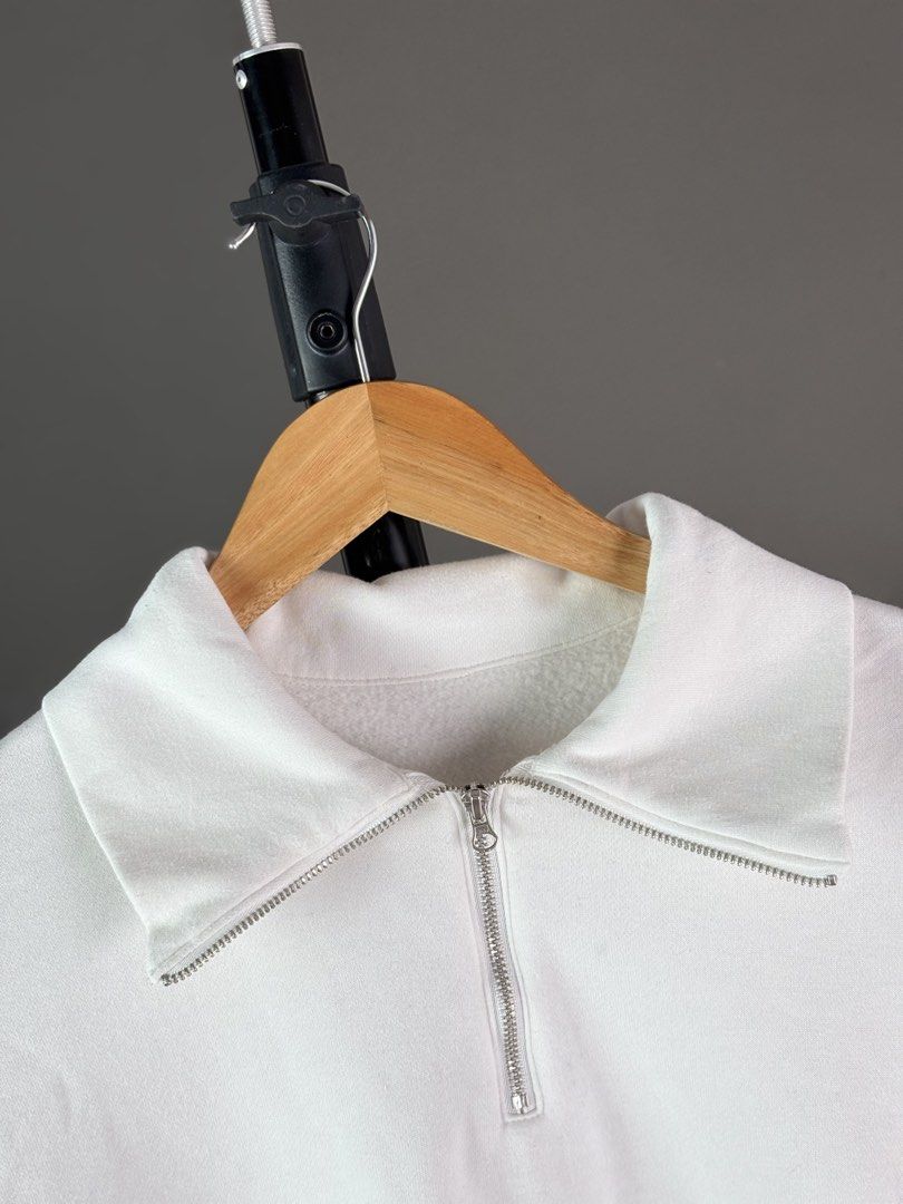 GU White Quarter-Zip Sweatshirt Size (Category: Coats, Jackets and Outerwear) located in Malilipot. Submitted by brevsthrift (Listing ID 1465126180, Image 2). Description: - Brand: GU - Style: Half-zip sweatshirt with collar neck and silver zipper pull - Color: Crisp white - Size: S - Interior: Soft fleece lining for extra comfort - Details: Ribbed cuffs and hem that keep their shape well - Care: Easy-wash material mix - Condition: Excellent cond