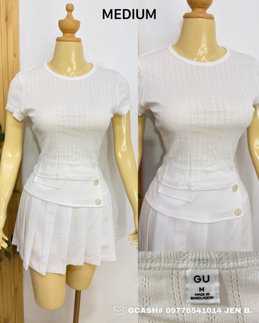 GU White Ribbed Knit Short Sleeve Top Medium (Category: Shirts) located in Tagum. Submitted by bernardino49694 (Listing ID 1465007469, Image 1). Description: - Brand/Model: GU ribbed knit top - Color: Crisp white - Size: Medium (tag attached) - Material: Lightweight fabric made in Bangladesh - Details: Short sleeves, classic round neckline, textured vertical stripe pattern - Styling: Easy to match with skirts or denim.