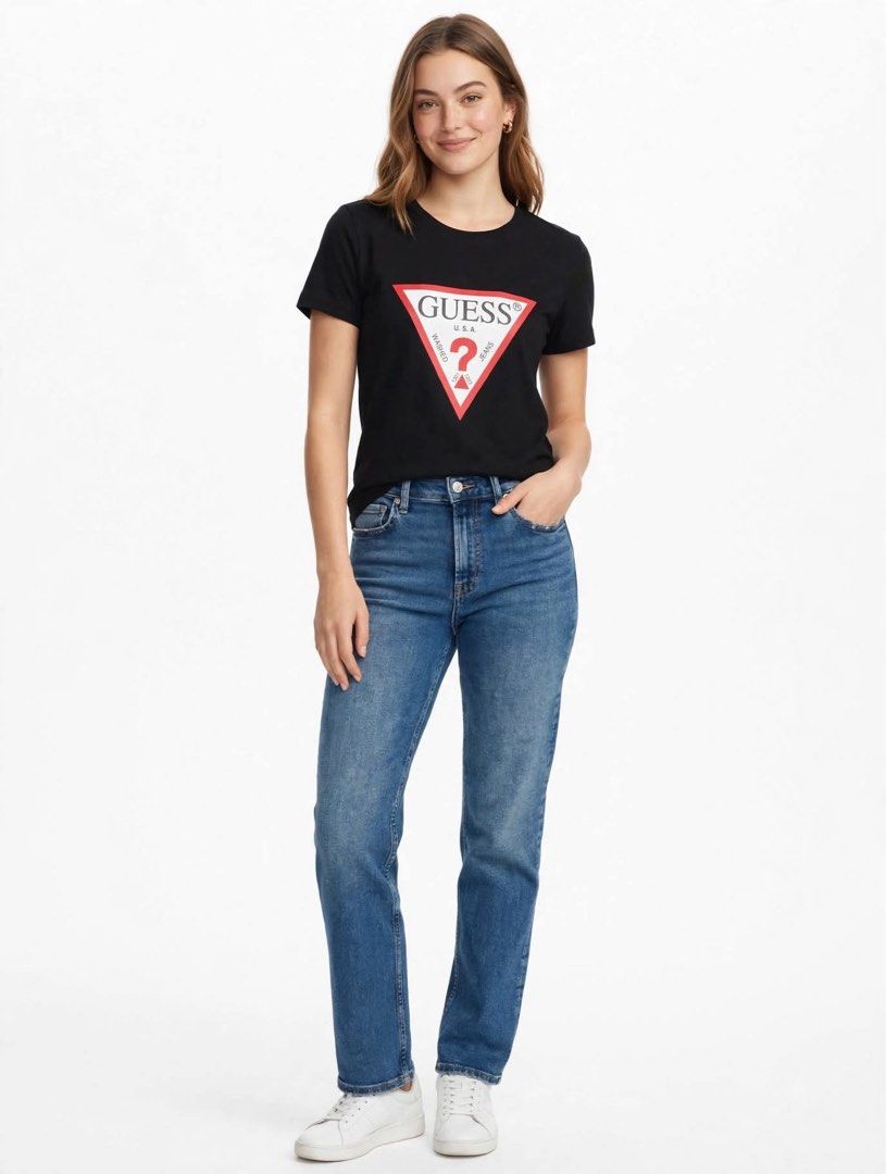Guess Black Triangle Logo Tee (Category: Shirts) located in Cavite. Submitted by luxxe.muse (Listing ID 1465097670, Image 3). Description: - Brand: Guess - Color: Black - Design: Classic red and white triangle logo on front - Fit & Style: Standard fit, crew neck, short sleeves - Material: Comfortable cotton - Flaw: Noticeable small hole on the left side near the logo - Condition: Pre-loved, perfect for casual everyday wear -Bust 36 - Has a small 