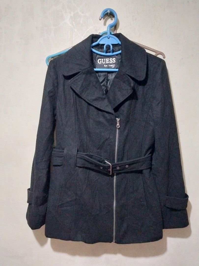 Guess Black Wool Coat Jacket with Belt (Category: Coats, Jackets and Outerwear) located in Manila. Submitted by PrinceDani.Clothing (Listing ID 1465017828, Image 2). Description: guess black wool trench jacket Medium fit 19in width 27in length excellent condition .