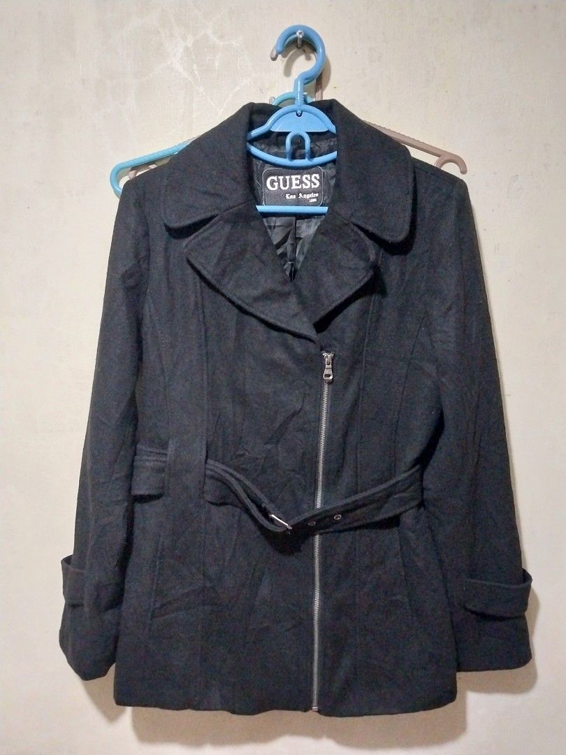 Guess Black Wool Coat Jacket with Belt (Category: Coats, Jackets and Outerwear) located in Manila. Submitted by PrinceDani.Clothing (Listing ID 1465017828, Image 1). Description: guess black wool trench jacket Medium fit 19in width 27in length excellent condition .